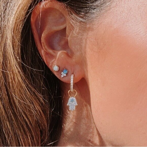 YOU PICK!  Gold Pave Huggies + you pick charm Bolt, Hamsa Hand or Evil Eye - Picture 1 of 14